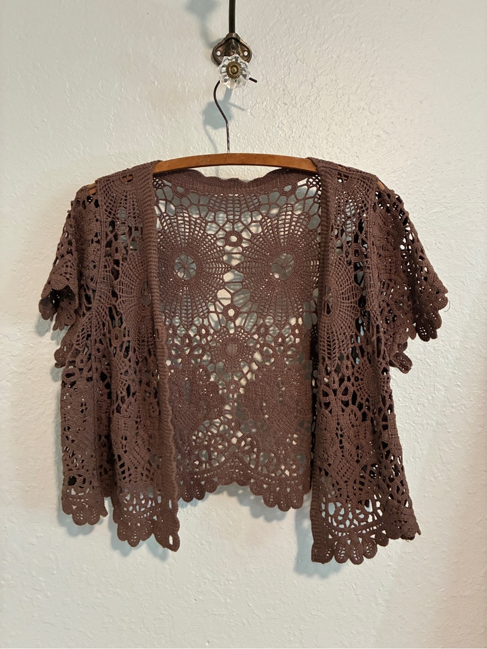 Brown Crochet Open-Front Women's Sweater
